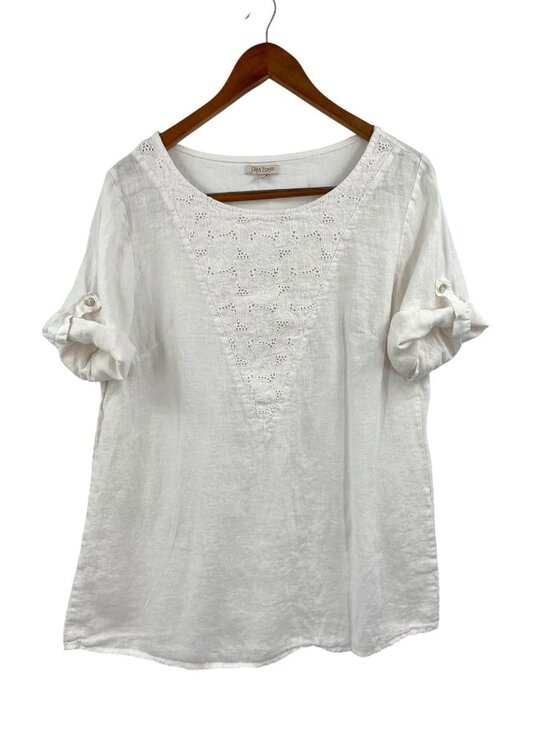 Lina Tomei Tops - LINA TOMEI Women's White Linen Roll-Tab Short Sleeve Floral Crochet Blouse Large